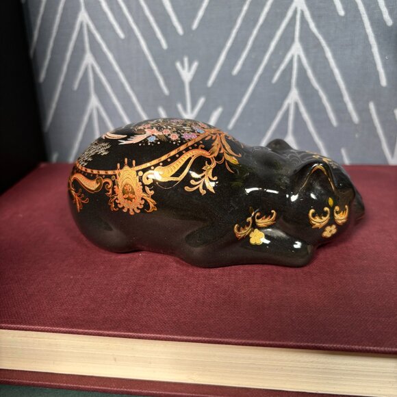 Vintage Satsuma Cat Figurine Black and Gold Ceramic Cat for Decor - Picture 6 of 16